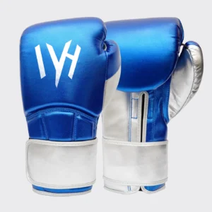 MAYHM Champion Fight Gloves in blue and silver, professional competition boxing gloves designed for amateur and professional boxing, sparring, and fight night performance.