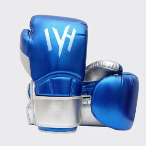 MAYHM premium blue and silver boxing gloves designed for boxing, kickboxing, Muay Thai, sparring, heavy bag training, and combat sports performance.