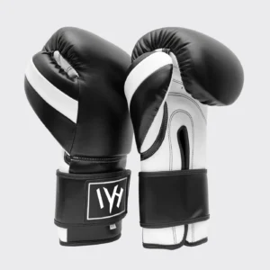 MAYHM Premium Boxing Gloves Black and White professional training gloves with secure wrist support.