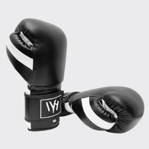 MAYHM Premium Boxing Gloves in black and white side view featuring ergonomic design, multi-layer padding, and reinforced wrist support for boxing training and sparring.
